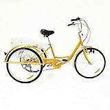 Dreirad Erwachsene, 24 Zoll 3 Rad Fahrrad für Erwachsene, Shimano 6 Gang Cruise Trike Cargo Bike mit Korb, Fahrrad für Outdoor Sport Einkaufen (Gelb)