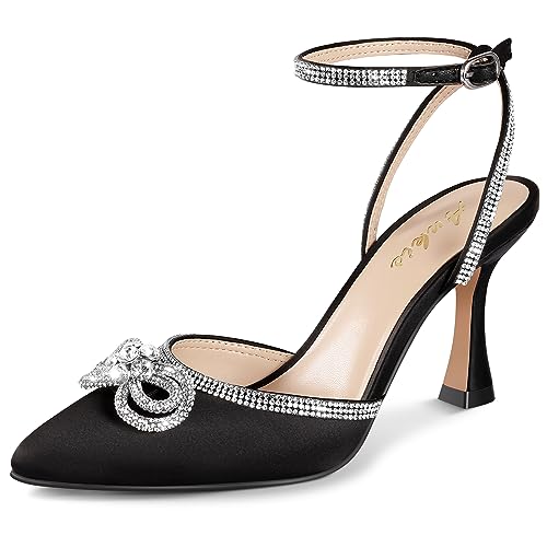 Ankis Women's Rhinestone Bow Heels Closed Toe Pumps Strappy Heels for Women