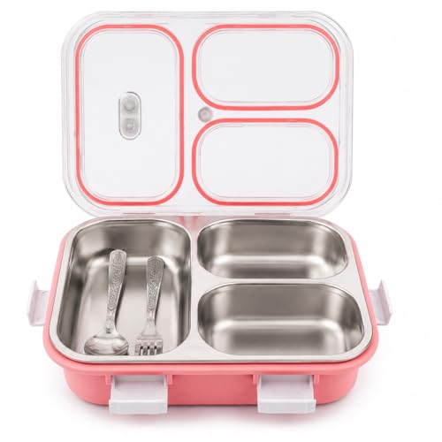 Image of 950ML Stainless Steel Bento Lunch Box |3 Compartments, Leakproof Tiffin Box with Spoon & Fork for School | Office & Travel (Pink)