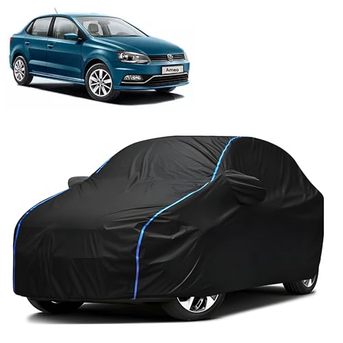 Image of Kerwa Car Body Cover Waterproof with Volkswagen Ameo, Dust & UV Resistant All-Weather Proof Full Body Cover, Black with Blue Lining, Triple Stitch Elasticated Bottom with Mirror Pocket