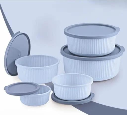 Image of 5-Piece Airtight Fluted Serving Bowl Set with Lids | Microwave Safe Plastic Food Storage Containers | Stackable Kitchen Blue Free Size