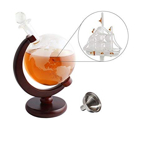 Whiskey Decanter Globe World Etched Globe Liquor Decanter (Large 1000ml) with Antique Ship Wooden Stand Pour Funnel Perfect for Liquor, Spirits, Bourbon, Scotch, Vodka or Wine