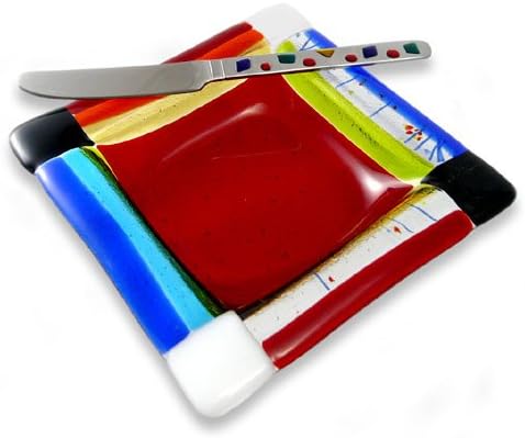 American Made Red Jubilee Fused Glass Cheese Bowl, 5.75" with Cheese Spreader