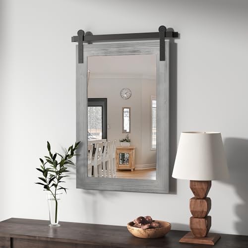 Image of COGOOD Farmhouse Barn Door Mirror - 17 x 26 Rustic Wood Framed Wall for Bathroom, Living Room, Entryway Decor (Grey) 17x26