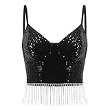 Erinaco Women's Sexy Sequins Crop Top Bright Diamond Fringe Spaghetti Strap Tank Top Slim Fit Camisole Vest Black