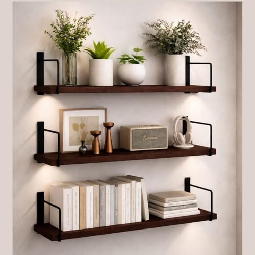 Image of NEST NATURE HAVEN Decorative Wooden Set of 3 Wall Shelf for Living Room & Bedroom Floating Mounted Bookshelf Wooden Wall Mounted | Decorative Storage Wall Shelf Rack (Brown 20X6X2)