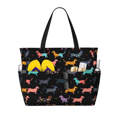 Mount Hour Colorful Dachshund Large Beach Tote Bag with Zipper, Puppy Dog Pool Gym Bags for Women Weekender Travel
