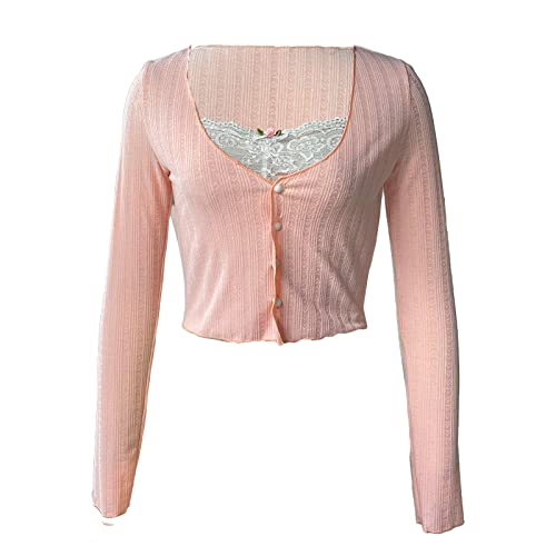 Fanvereka Women Lace Stitching V-Neck Fairy Crop Tops Y2K Long Sleeve Tight Shirt Spring Fall Downtown Girl Coquette Clothing2