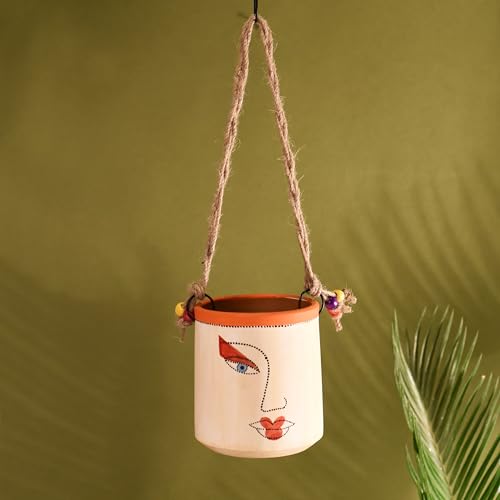 Image of AAKRITI ART CREATIONS Terracotta Hanging Planter | Handcrafted Artistic Face Design with Rope, Modern Art, White Matte Finish | Decorative Hanging Pot for Indoor & Outdoor Home Decor
