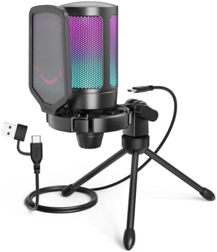 FIFINE A6V USB Gaming Condenser Microphone with RGB, Quick Mute, Pop Filter, Shock Mount & Gain Control โ Ideal for PC, PS5, Streaming, Discord, Twitch, Podcasts & Videos|Black