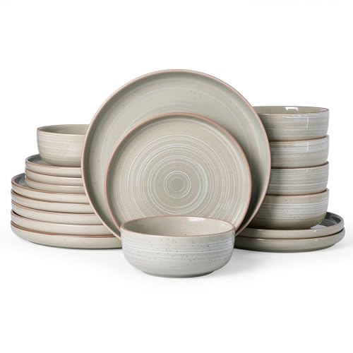 Image of Famiware Meteor Plates and Bowls Sets, 18-Piece Stoneware Dinnerware Sets, Dishes Set for 6, Microwave and Dishwasher Safe Tableware, Matcha Green