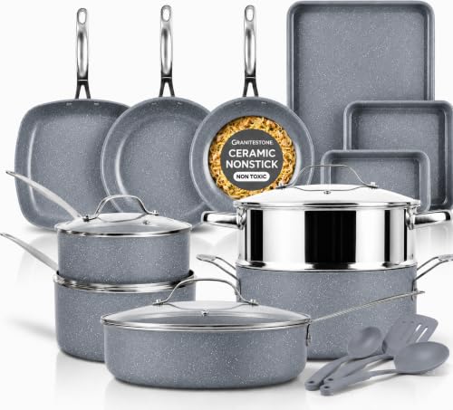 Image of GRANITESTONE Ceraluxe 20 Pc Ceramic Cookware, Pots and Pans Set Non Stick