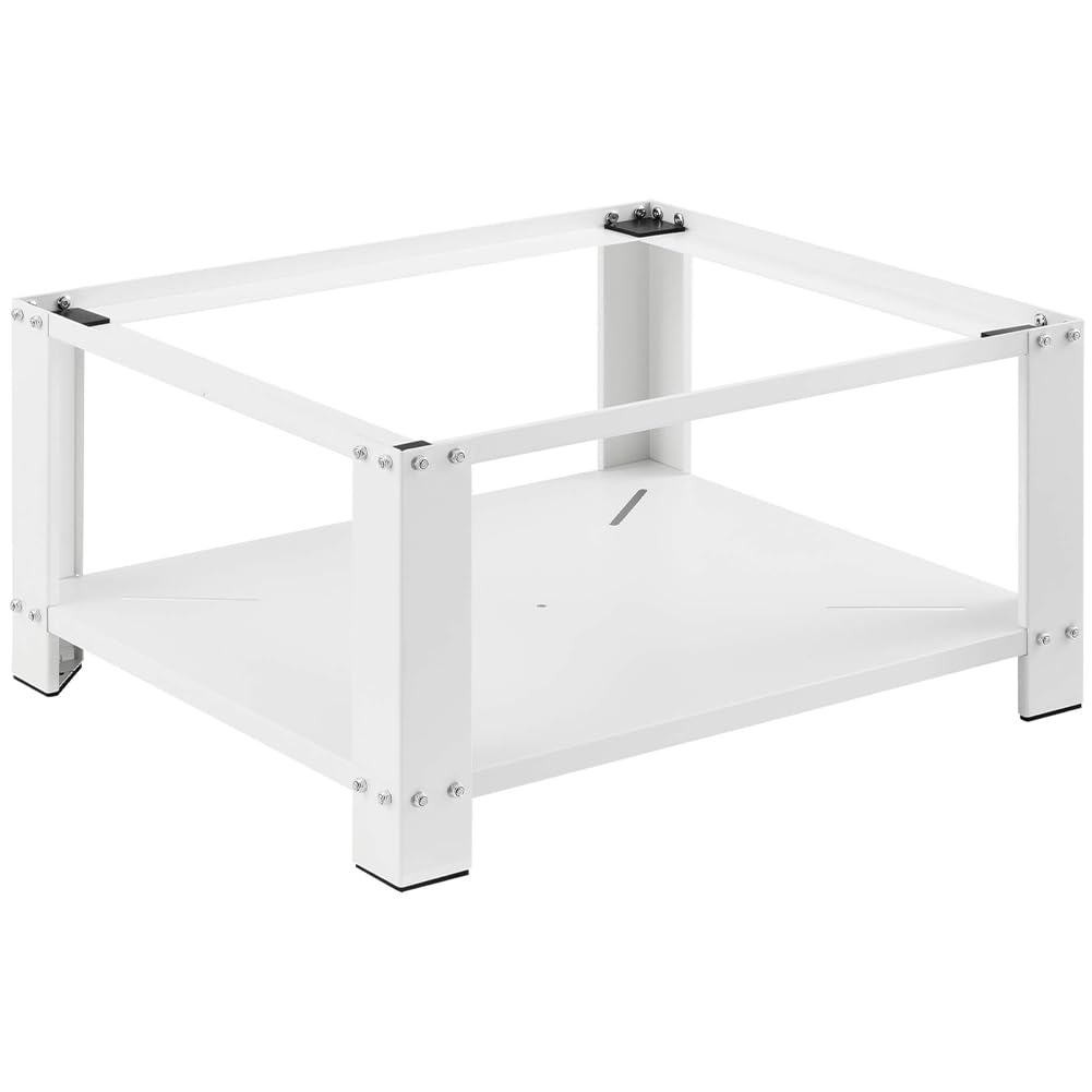 Supporto per Lavatrice e Asciugatrice con Ripiano, Base per Elettrodomestici in Acciaio Capacità 150kg, Basamento con Piedini in Gomma Antiscivolo, Rialzo con Mensola Bianco 31 x 63 x 54 cm