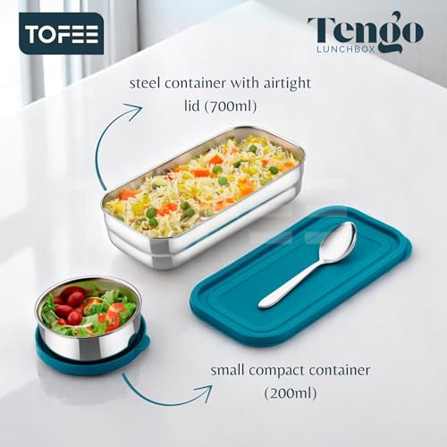 Image of TOFEE Big Stainless Steel Lunch Box for Office & School | Leak-Proof Tiffin with Small Container & Spoon | BPA-Free Airtight Lid | Compact & Durable Lunch Box for Travel (900ml) (Blue Combo)