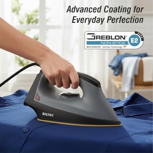 Image of BALTRA Flash Pro Dry Iron Press 1000 Watts, Greblon Non Sick Coated Golden Sole Plate | 5 Modes | Heavy Weight Iron for Clothes | Shock Proof Body | Aerodynamic Design | 2 Years Replacement Warranty
