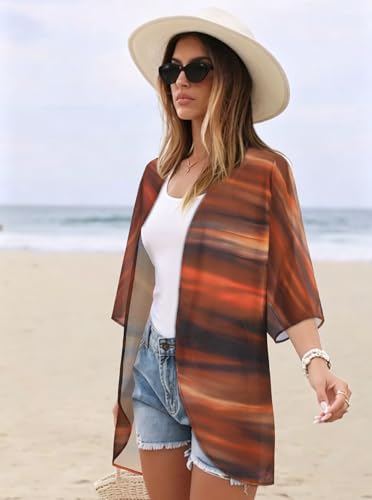 Image of Women's Floral Print Puff Sleeve Kimono Cardigan Loose Cover Up Casual Blouse Tops 2026