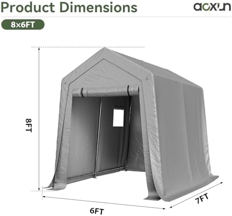 Aoxun 6x8x7 FT Outdoor Portable Storage Shed Tent with Roll-up Zipper Door and Window Portable Carport with Waterproof Tarp Galvanized Steel for Motorcycle, Generator, Bike Storage (Gray) — view 7