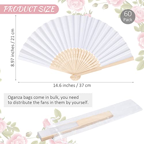 Mceast 60 Pieces Wedding Handheld Paper Fans White Bamboo Folding Paper Fans With 60 Organza Bags Foldable Cool Wedding Favors Wedding Fans For Guests Party Favors Diy Decoration #TOP1