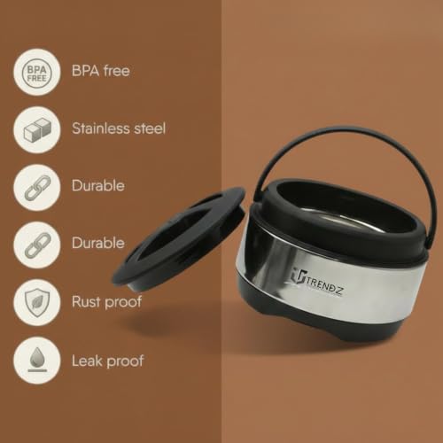 Image of Trendz 1000ml (1 Litre) Stainless Steel Insulated Casserole with Double Wall PUF Insulation | Advanced PUF Thermal Insulation for Long-Lasting Heat | Airtight Leak-Resistant Lid | Food Grade Steel Food Server (Silver) Heavy-Duty Durable Steel Body