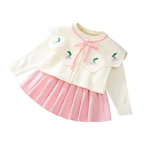 Toddler Baby Girls Outfit Knitted Buttons Sweater Tops Mini Skirt Bowknot Ruffle Long Sleeve Autumn Winter Clothes Set for Kids Birthday Outfits Princess Dress up Knit Crochet Pink Cherry 2-3T