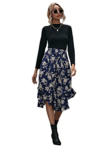 Shein Women's Floral Print Button Front Ruffle Hem High Waist A Line Midi Skirts #TOP2