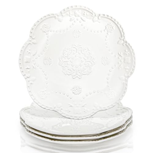 Tebery Set of 4 Ceramic Dinner Plate, 10.5 Inch Large Embossed Lace Salad Serving Plates, Elegant Appetizer Dessert Dishes for Wedding, Party, Restaurant, Kitchen, Microwave Dishwasher Safe, White