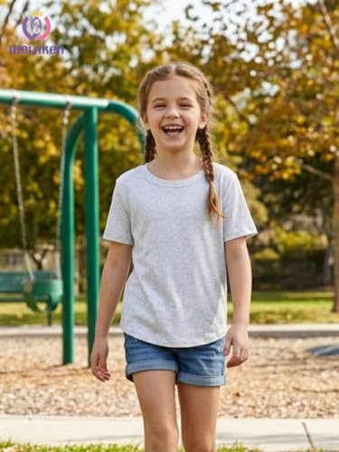 Image of WELAKEN Girls Soft T-Shirt with Curved Hem, Breathable Stretchy Rayon Crewneck Short Sleeve Tees, Kids Everyday Basic Top