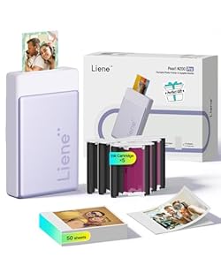 Liene Pearl N200 Pro Tragbarer Mini Fotodrucker mit Farbsublimation – Inkl. 50 selbstklebende Fotos (5x7,6 cm) & 5 Farbbänder, Bluetooth, 300 dpi, Sofortbilddrucker für iPhone & Android, Akku, in Lila