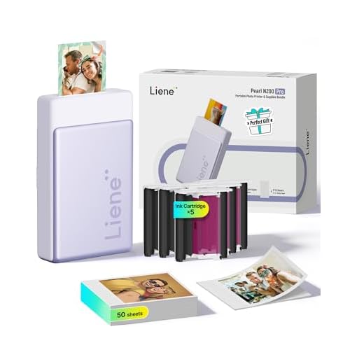 Liene Pearl N200 Pro Tragbarer Mini Fotodrucker mit Farbsublimation – Inkl. 50 selbstklebende Fotos (5x7,6 cm) & 5 Farbbänder, Bluetooth, 300 dpi,