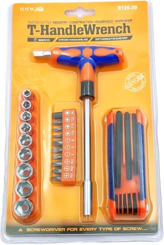 Image of Set of 25 Pcs Magnetic T-Handle Ratchet Wrench and Screwdriver Set 9 Pc x sockets, 10 Pcs x Screw driver heads Set, 1 x Allen key Set, & 1 Pc x T-Handle Wrench