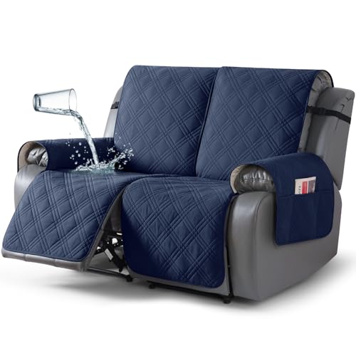 TAOCOCO 100% Waterproof Loveseat Recliner Cover, Non Slip Split Loveseat Covers for Reclining Loveseat with Elastic Straps, Washable Recliner Chair/Furniture Protector for Pets(2 Seater, Navy Blue)
