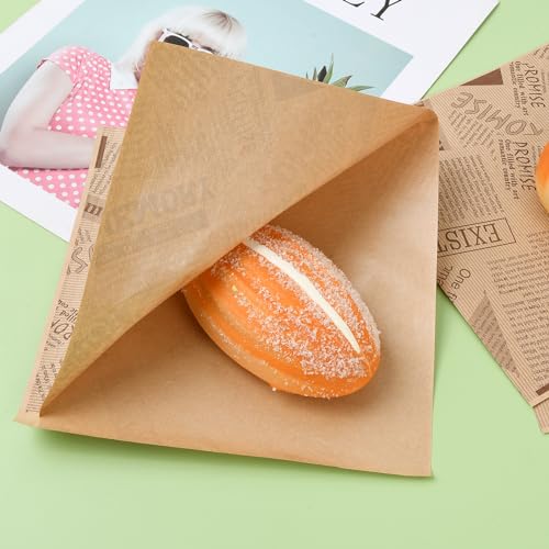 Dokeno 100 Stück Snacktaschen, 18×18cm Burger Papier Fettdicht Sandwich Wrap Papier Lebensmitteltüten, Alter Zeitungsdruckstil Deli Papierblätter Taschen Öffnen Sich auf Zwei Seiten für Käse Pommes
