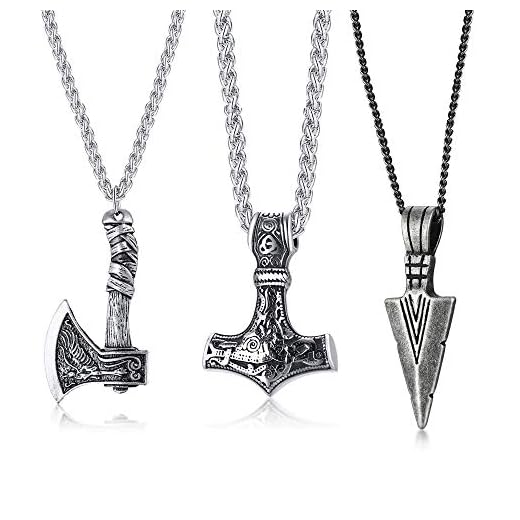 VNOX 3 Pcs Norse Viking Necklace for Men Thors Hammer Norse Mjolnir Amulet Pendant Necklace with Spearpoint Arrowhead Necklace,Viking Necklace for Men