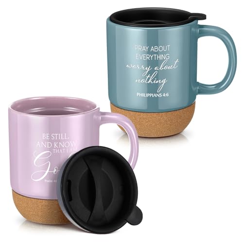 FillTouch 2 Pcs Christian Coffee Mug Mothers Day Appreciation Gift Bulk 15 oz Bible Verses Religious Inspirational Cup with Cork Bottom for Church Women Men Pastor Clergy Employee Teachers
