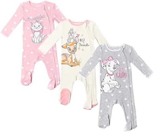 Disney Classics Aristocats 101 Dalmatians Bambi Baby Girls 3 Pack Footed Sleep N' Play Coverall 0-3 Months