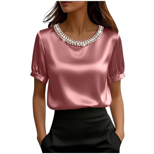 Image of Women's Satin Tops Short Sleeve Crew Neck Tunic Shirt Ladies Silk Elegant Blouses Casual Summer Solid Color Loose Tee Shirt Shiny Office Work Party Clubwear Going Out Travel Holiday Streetwear Uk 8-16
