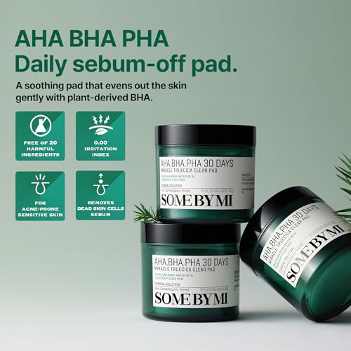 SOME BY MI AHA BHA PHA 30 Days Miracle Truecica Clear Pad - 70 Pads, 4.22Oz - Mild Exfoliating Toner Pads for First Skin Care Step - Daily Blackhead Removing Pore Minimizer for Face - Korean Skin Care