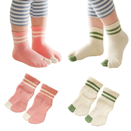 2 Pairs Cotton Two Big Toe Split Tabi V Socks Athletic Running Casual Seperated Stripe Socks for Kids Girls Boys 3-12 Years
