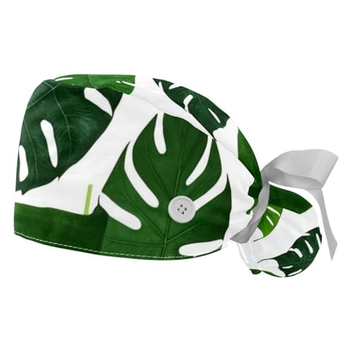 FQURFHY 2 Packed，Tropical leaves palm tree，Scrub caps women,Ponytail scrub cap,Nurse scrub cap,for kitchen