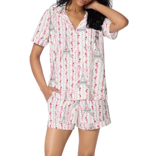 Image of Bed Head PJs Organic Cotton Short Sleeve Button Down Pajamas for Women Set | Womens Pajama Sets Matching 2 Piece PJ Shirt & Shorts with Pockets - Soft Cozy Jersey Sleepwear & Loungewear
