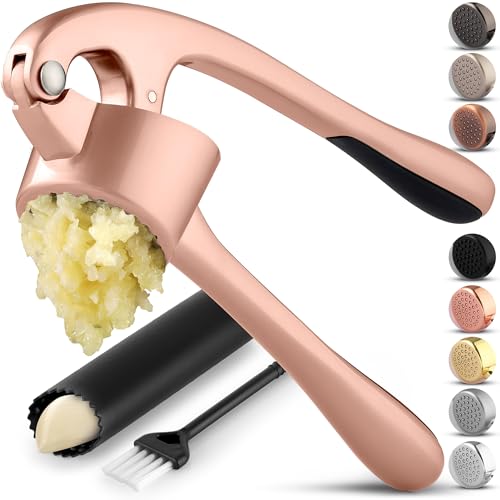 Image of Zulay Kitchen Premium Garlic Press Set - Rust Proof Professional Garlic Mincer Tool - Easy-Squeeze, Easy-Clean with Soft Handle - Silicone Garlic Peeler & Brush (Rose Gold)