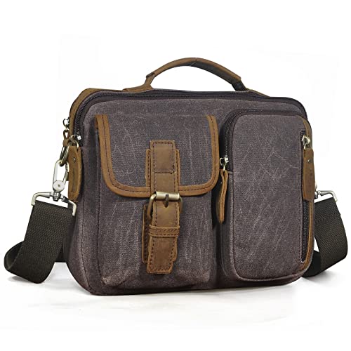 Le'aokuu Umhängetasche aus Segeltuch und echtem Leder für Herren, wasserdicht, Umhängetasche, Schultertasche, Tragetasche 036 (0 Dunkelbraun)