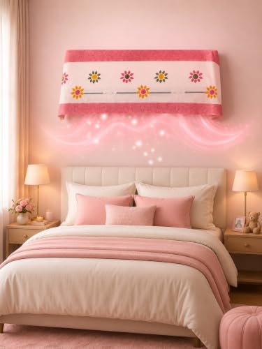Image of Premium Cotton Net Split AC Cover for 1.5 Ton Indoor Unit | Designer Summer AC Dust Protection Cover | Stylish Protective AC Cover | 38 x 15.35 x 7.8 In | Pink Flower
