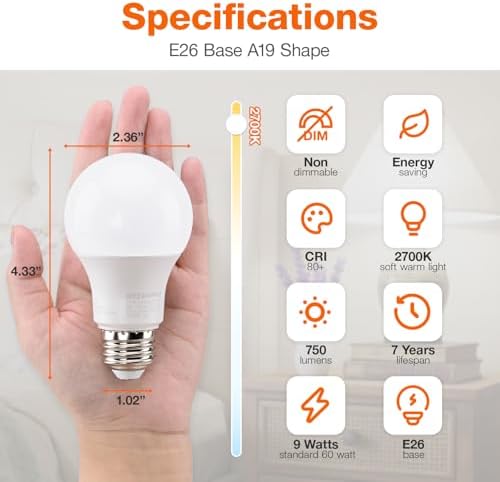 Sylvania ECO LED Light Bulb, A19 60W Equivalent, Efficient 9W, 7 Year, 750 Lumens, 2700K, Non-Dimmable, Frosted, Soft White - 8 Pack (40821) - 1