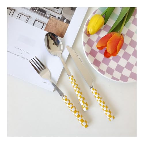 (12 Pièces) Damier Poignée En Céramique Cuisine Acier Inoxydable Argenterie Vaisselle Couverts Ensemble De Couteau À Steak Fourchette Cuillère Café (Jaune)