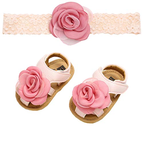 Newborn Girl Flower Sole First Walkers Sandals Woven Bohemia Beach Shoes with Headbands, 2# Pink, 12-18 Months Toddler = Tag 13