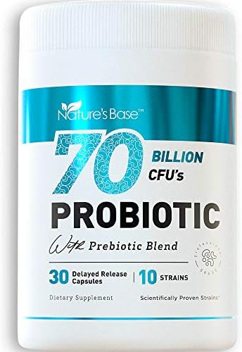 NATURE'S BASE Probiotics 70 Billion CFU - 10 Strains Including Lactobacillus Plantarum & Lactobacillus Acidophilus Probiotic - Prebiotics and Probiotics for Women & Men's Digestive Health (30 Caps)