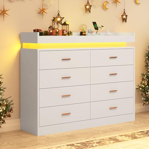 Image of jiteentarou 8 Drawer Dresser with Charging Station and LED Lights, Modern Chest of Drawers with Power Outlet, Organizer Cabinet for Bedroom, Living Room, White