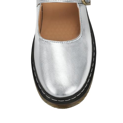 Image of Women's Mary Jane Flat Shoes Comfort Platform Buckle Ankle Strap Flats Breathable Slip On Lightweight Office Work Shoes Silver,8 US
