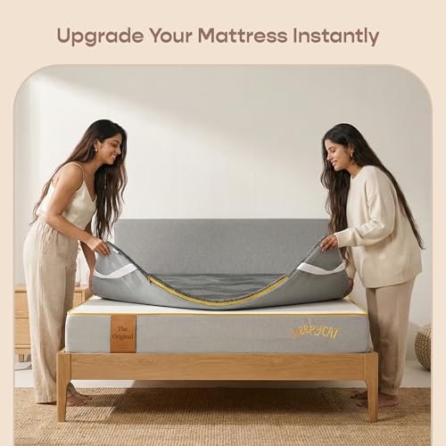 Image of SleepyCat Luxe AirGen Memory Foam Soft Mattress Topper - Motion Isolation | 2 Inch Thickness | Supersoft Knitted Fabrics with Ezie Zipper Cover Sleepers (Queen, 75x60x2 inches)